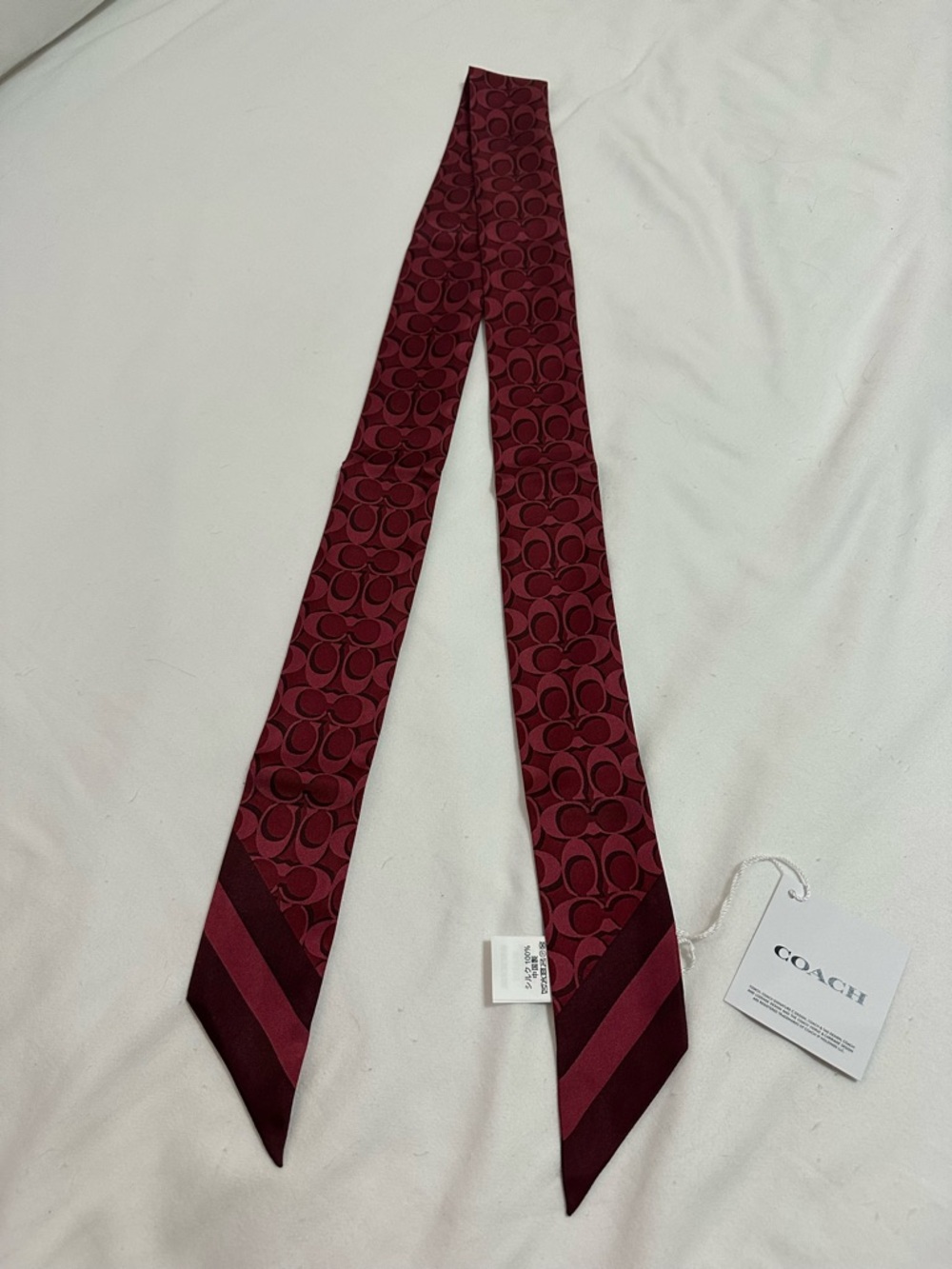 COACH DARK CRIMSON SIGNATURE C SILK SKINNY SCARF BAG TIE NWT - Picture 5 of 6